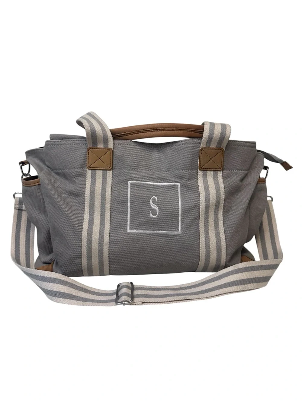 Pottery Barn Kids Classic Diaper Bag S Monogram Gray Stripe Leather 16”x9.5”x6.5